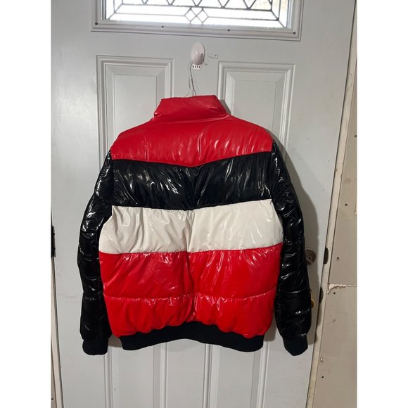 Boohoo Man red white black striped zippered puffer jacket size medium - Picture 2 of 4